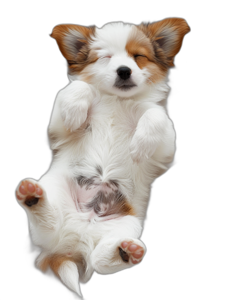 white and brown corgi puppy sleeping upside down floating in the air, black background, photo realistic, full body shot