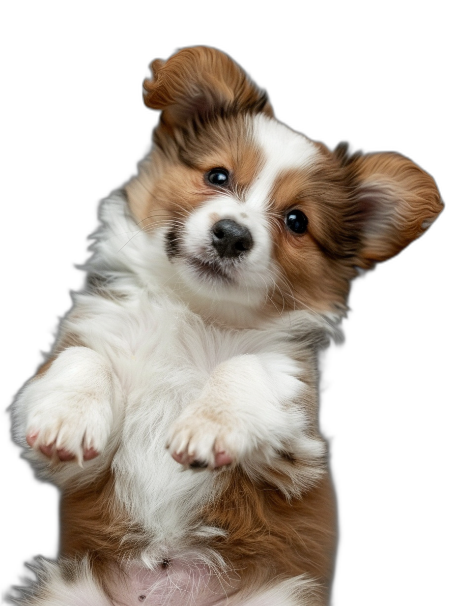 Papillon puppy, playing with its paws up in the air on a black background, in a full body shot photography style.