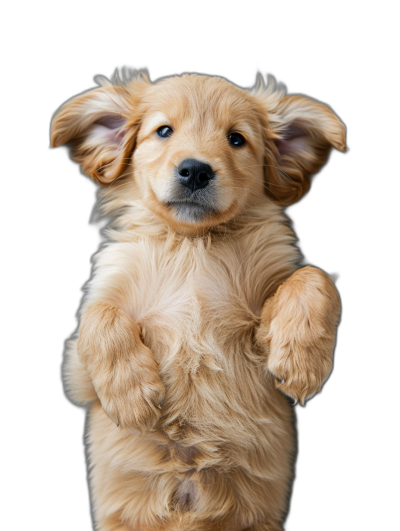 portrait photo of a cute golden retriever puppy standing on its hind legs, isolated on a black background, professional photography, full body pose with paws outstretched in the style of a professional photographer.