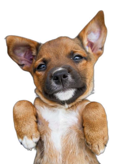 A cute puppy with big ears and one ear folded, showing its belly to the camera, smiling in a full body shot against a black background with professional photography and studio lighting.