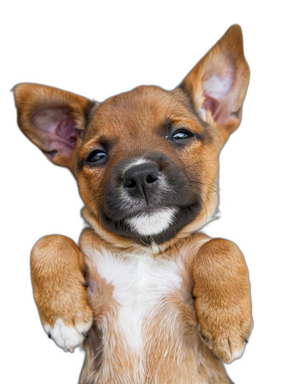 A cute puppy with big ears and one ear folded, showing its belly to the camera, smiling in a full body shot against a black background with professional photography and studio lighting.