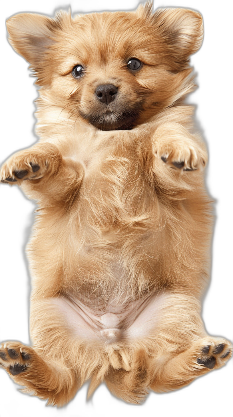 pomeranian puppy, floating in the air with his back legs together and front paws outstretched on black background, cute pose, hyper realistic photography