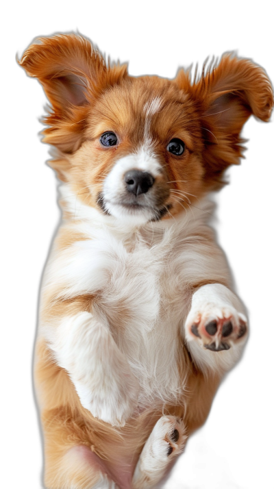 Cute puppy, red and white fur color, ears up, jumping in the air with both front paws on hand, black background, photography style, high definition details