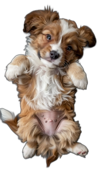 photorealistic photo of an adorable puppy, jumping in the air with his paws together on black background