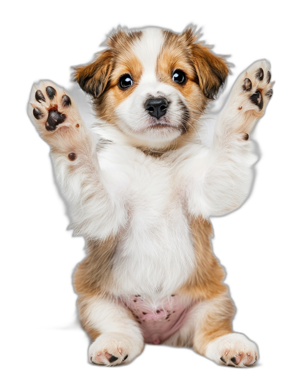 Cute puppy doing a yoga pose with his paws up, isolated on a black background, detailed photo. The puppy is shown doing yoga in the style of downward facing dog pose.