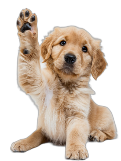 Golden Retriever puppy, waving paw high five, isolated on black background, detailed photo