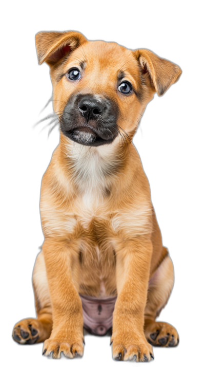 A cute puppy sitting on the floor against an isolated black background in a portrait photography style, with high definition and sharp focus at a high resolution.