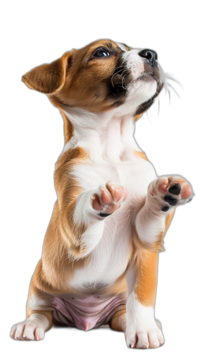 A cute puppy standing on its hind legs, reaching up with one paw and showing the other paw to the camera, against an isolated black background, in the style of high definition photography.