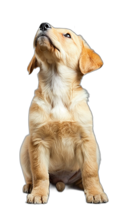 A cute golden Labrador puppy, sitting upright with its head tilted up and eyes looking upwards in the air, on a black background, in the style of high definition photography, in a full body shot.