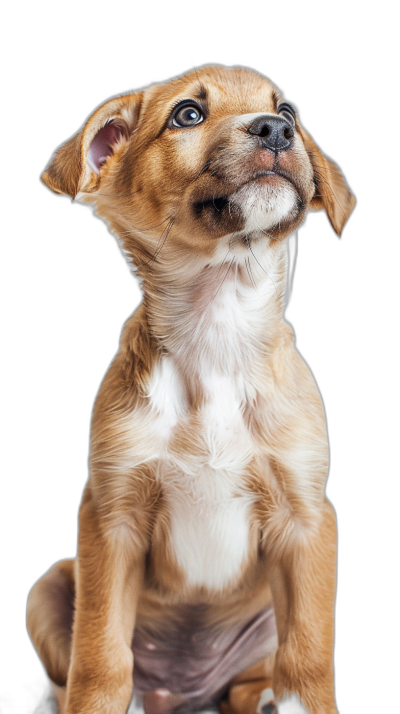 Cute puppy sitting and looking up with a happy expression on a black background in a full body shot real photo with high definition details.