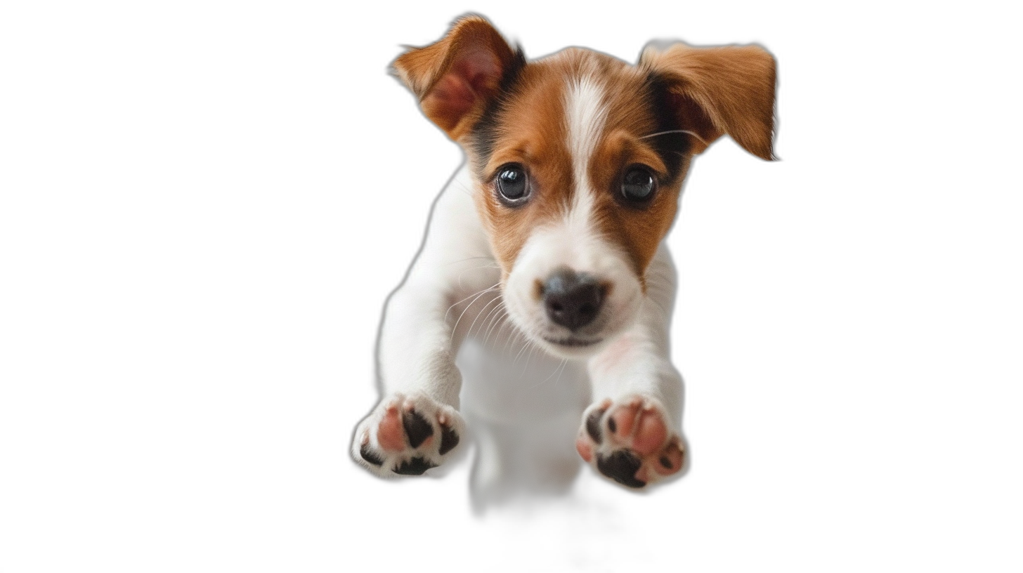 photo of puppy jack russel, jumping towards the camera, black background, cute and happy expression, symmetrical composition, high resolution photography, high quality photo, high definition