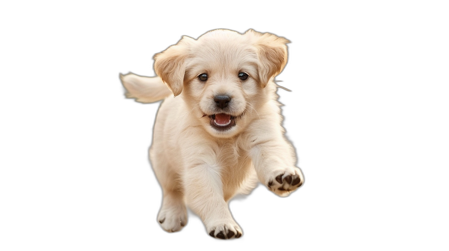 A playful Golden Retriever puppy running towards the camera isolated on black background, capturing its lively and energetic nature in high resolution photography