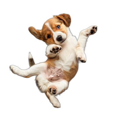 A playful corgi puppy doing the 'human' pose, floating in midair with its hind legs hanging down against a black background, in the style of high definition photography.