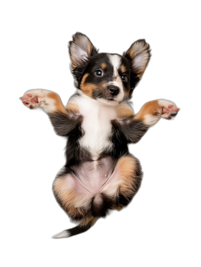 Cute baby corgi puppy, full body shot with paws outstretched floating in the air on a black background, in the style of an award winning wildlife photographer.