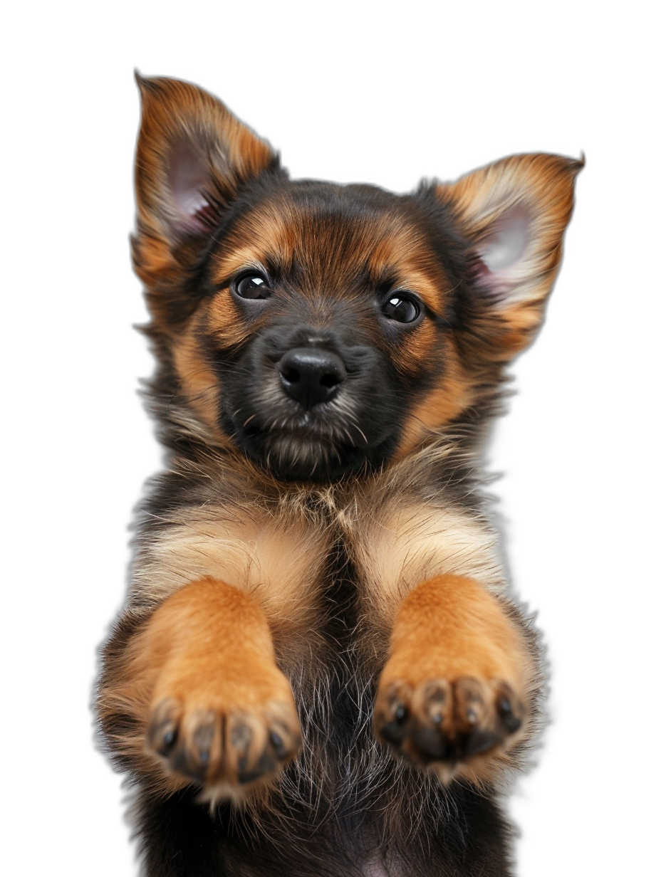 Cute German Shepherd puppy with paws up isolated on black background, photography portrait, photorealistic in the style of photorealistic.