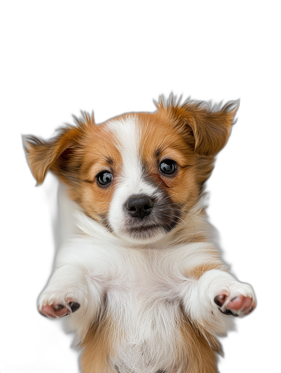 A cute puppy with its front paws in the air, isolated on a black background, in a professional photography style, with high quality photo, natural light, sharp focus, in a studio shot style.