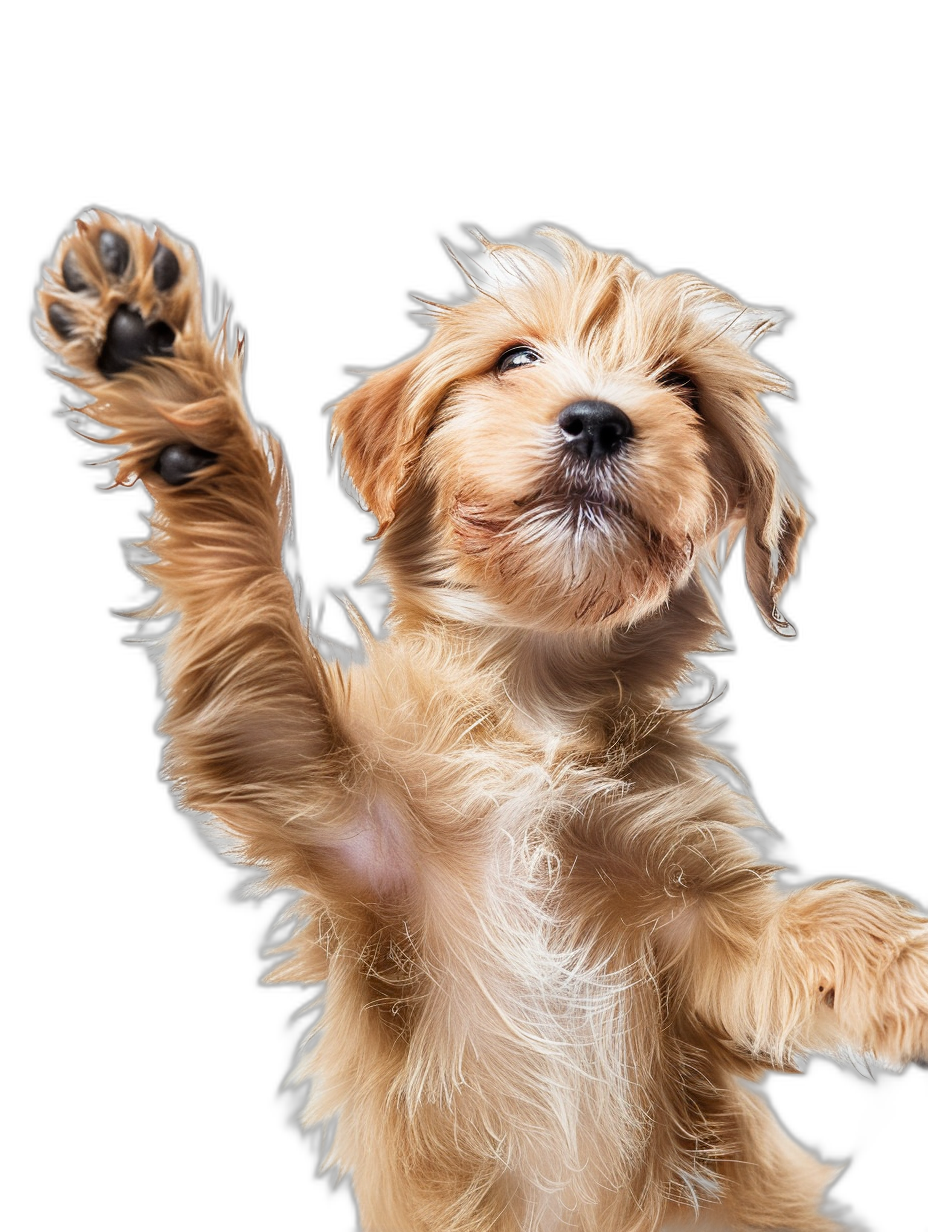 a photo of happy puppy playing, with one paw raised up in the air, black background, high resolution photography