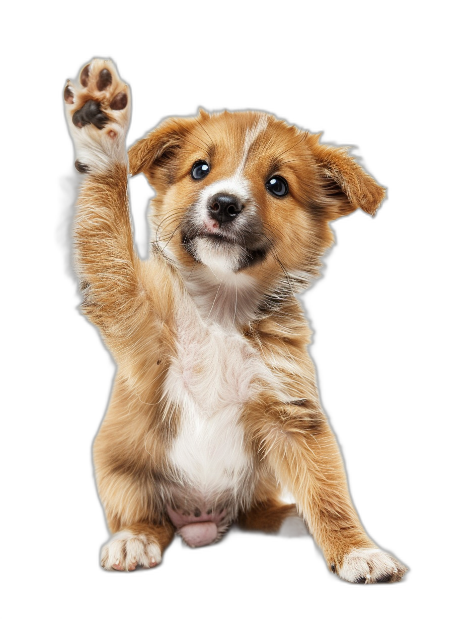 A cute puppy is waving its paw up and down, black background, photography, high definition details