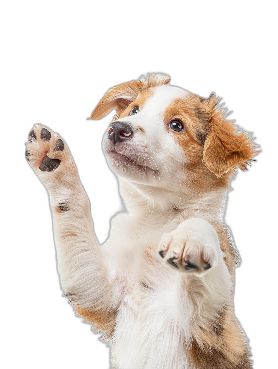 A cute puppy is playing with its paws in the air on a black background in the style of high resolution photography.