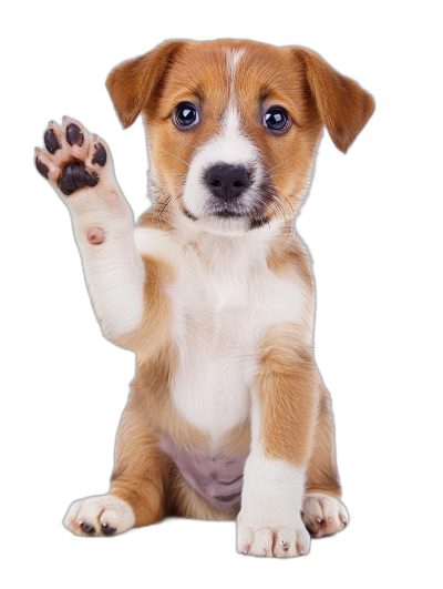 Cute puppy waving its paw isolated on black background, high resolution photo