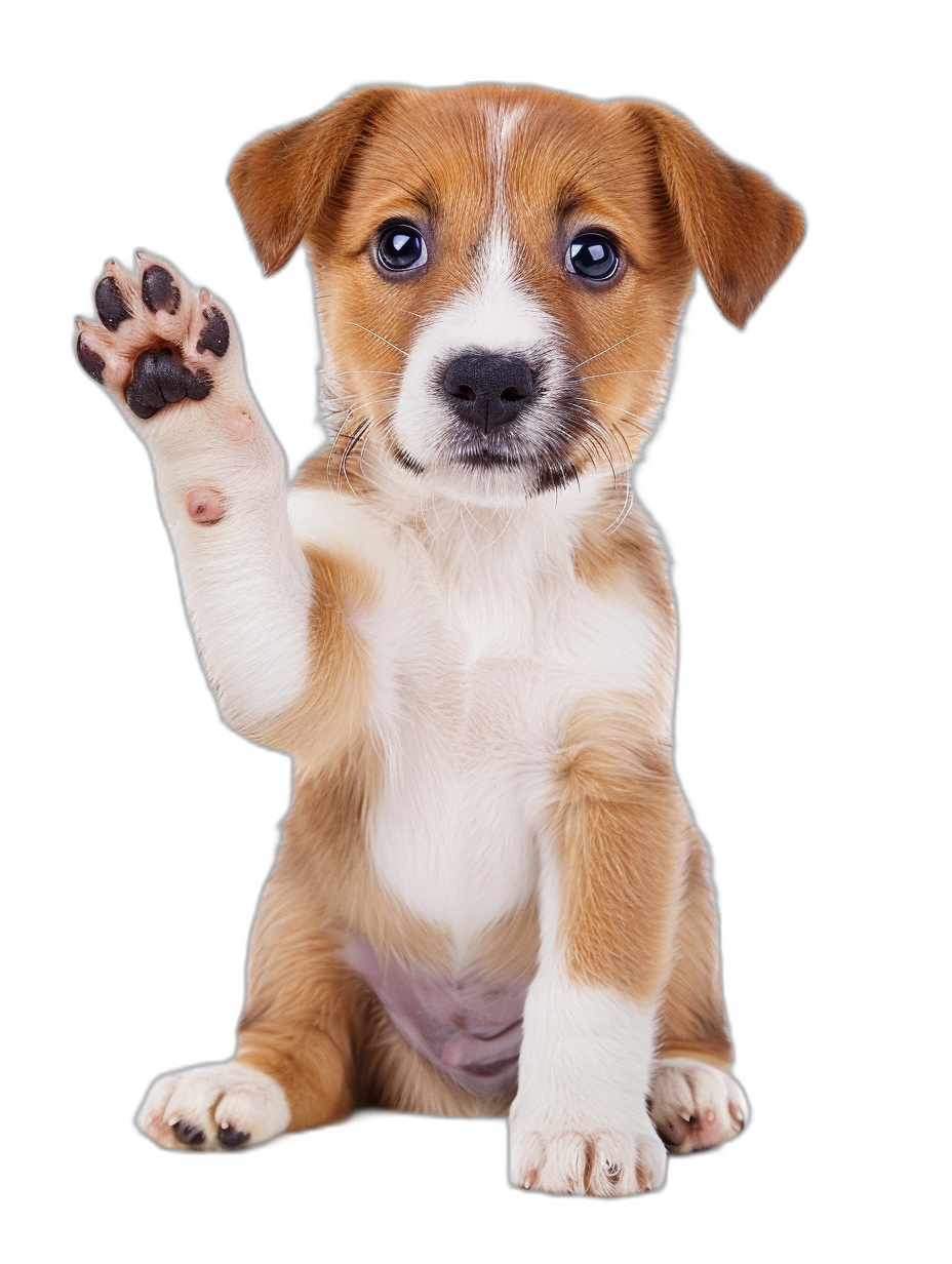 Cute puppy waving its paw isolated on black background, high resolution photo