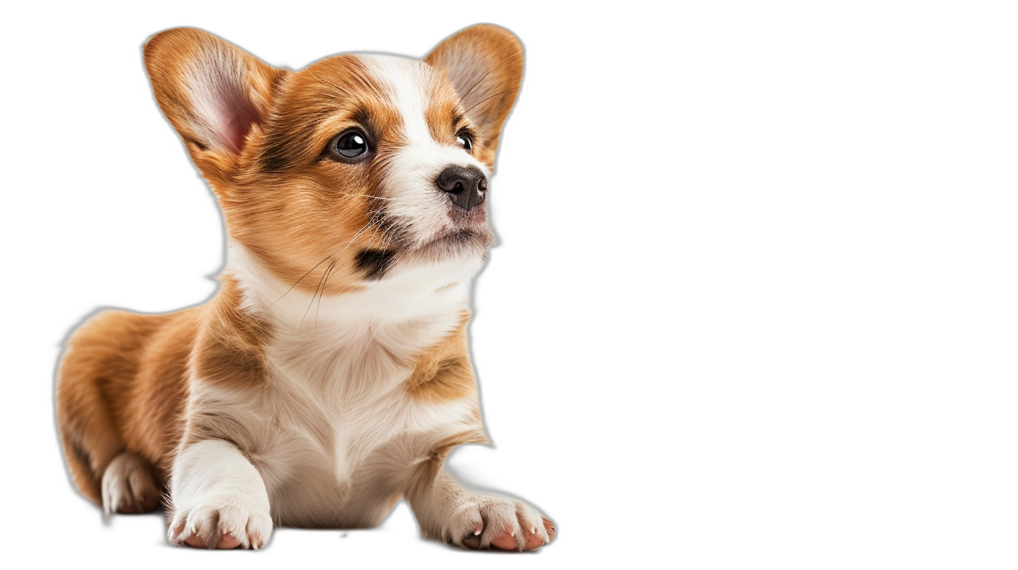 A cute corgi puppy isolated on a black background, in the style of photo realistic, professional photography, high resolution