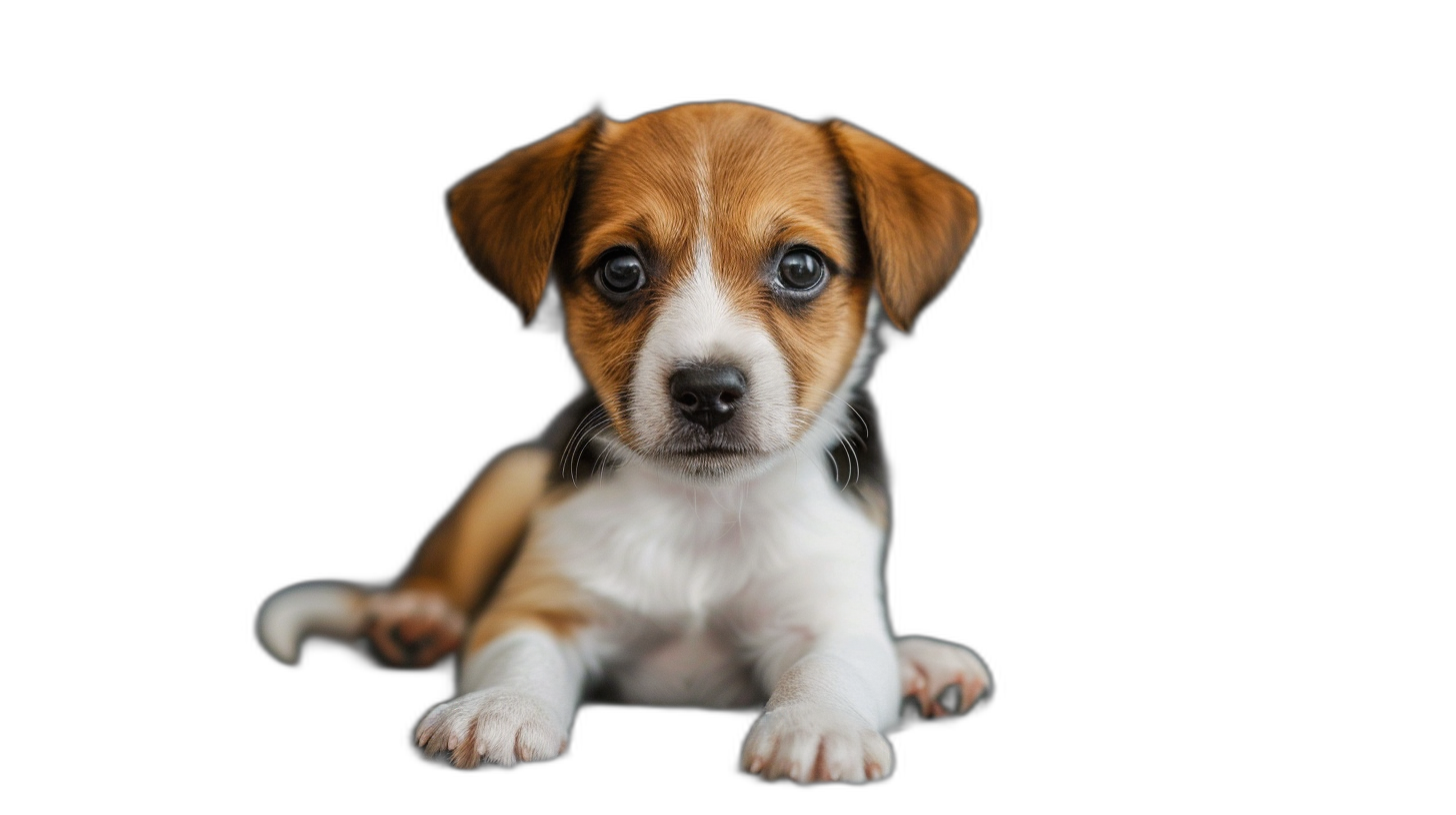 Cute puppy sitting isolated on black background, cute jack russel dog portrait, looking at camera, studio shot, photorealistic, high resolution photography, insanely detailed, stock photo style