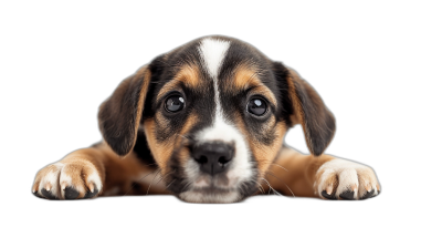 A cute puppy peeking over the edge of an isolated black background, with its paws hanging down and big eyes looking at you., Isolated on white . photo realistic