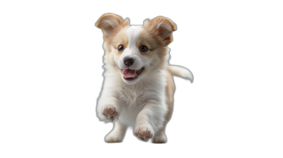 Cute puppy running on a black background, an animal pet concept, an isolated cutout template for a web banner design. A cute dog jumping with a happy facial expression in the style of studio.