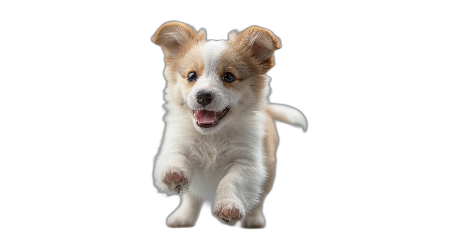 Cute puppy running on a black background, an animal pet concept, an isolated cutout template for a web banner design. A cute dog jumping with a happy facial expression in the style of studio.