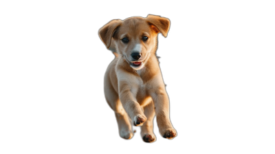 Cute puppy running in the air isolated on a black background, high resolution photography with high quality details in the style of a professional color grading with soft shadows and no contrast, clean sharp focus.