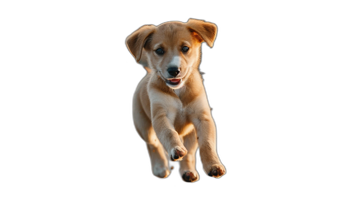 Cute puppy running in the air isolated on a black background, high resolution photography with high quality details in the style of a professional color grading with soft shadows and no contrast, clean sharp focus.