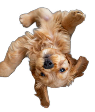 View from above of a cute golden English cocker spaniel puppy doing a backflip, isolated on a black background, in the style of hyper realistic photography.