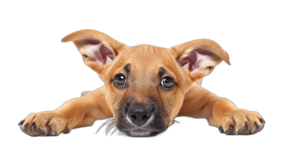 Puppy peeking over edge isolated on black background, closeup of cute dog with paws and ears showing from behind the surface, funny animal portrait