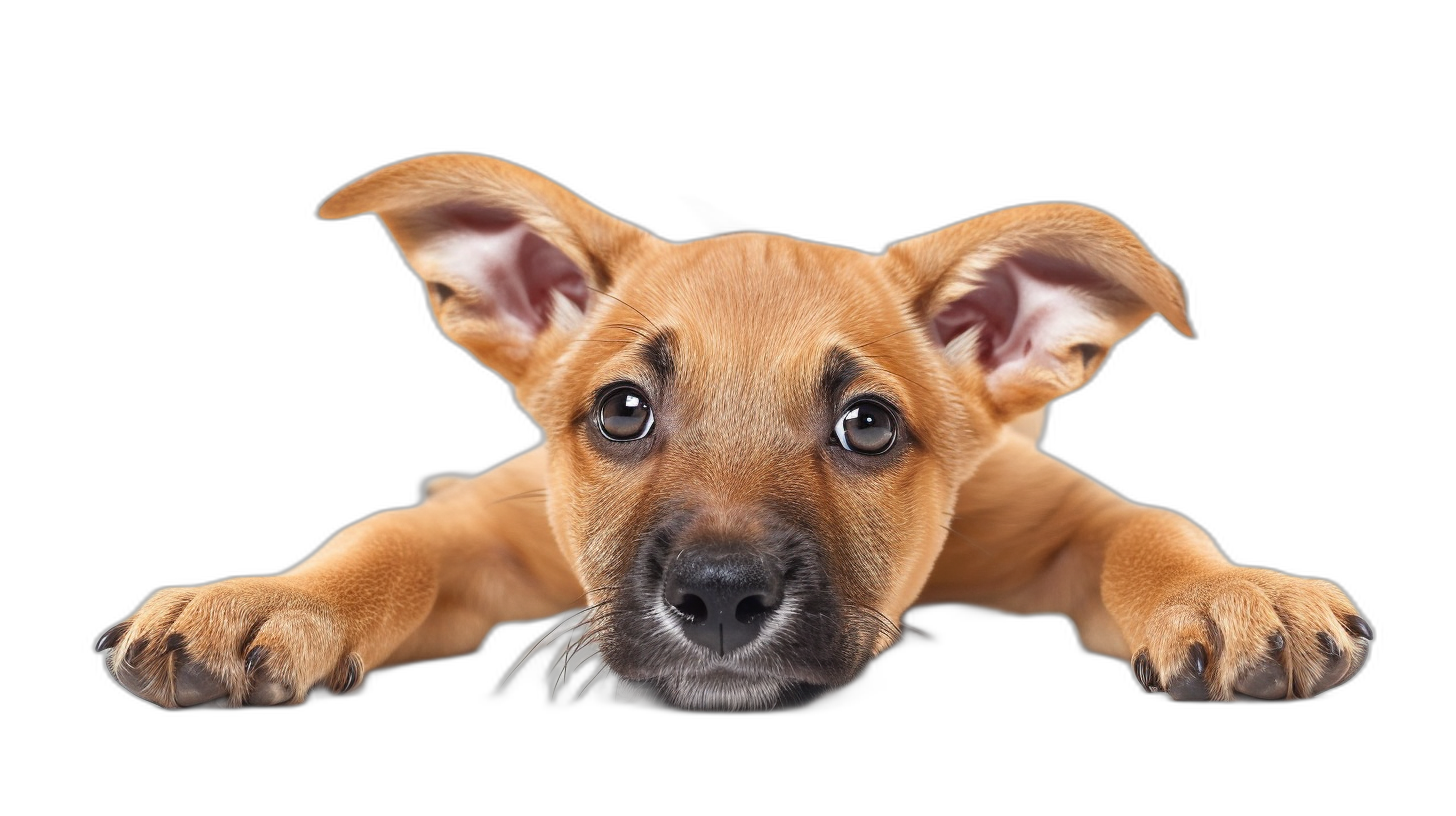 Puppy peeking over edge isolated on black background, closeup of cute dog with paws and ears showing from behind the surface, funny animal portrait