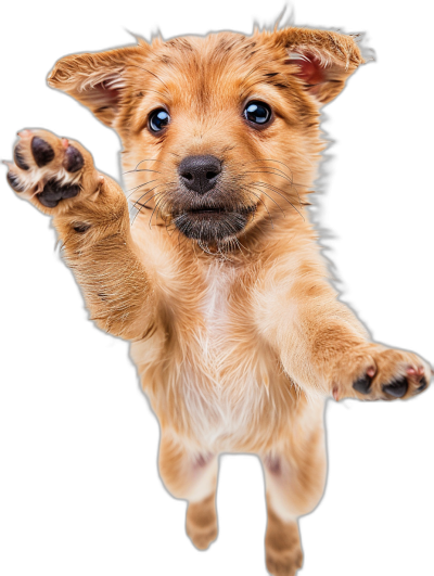 photorealistic photo of cute puppy, jumping up with paws outstretched, isolated on black background