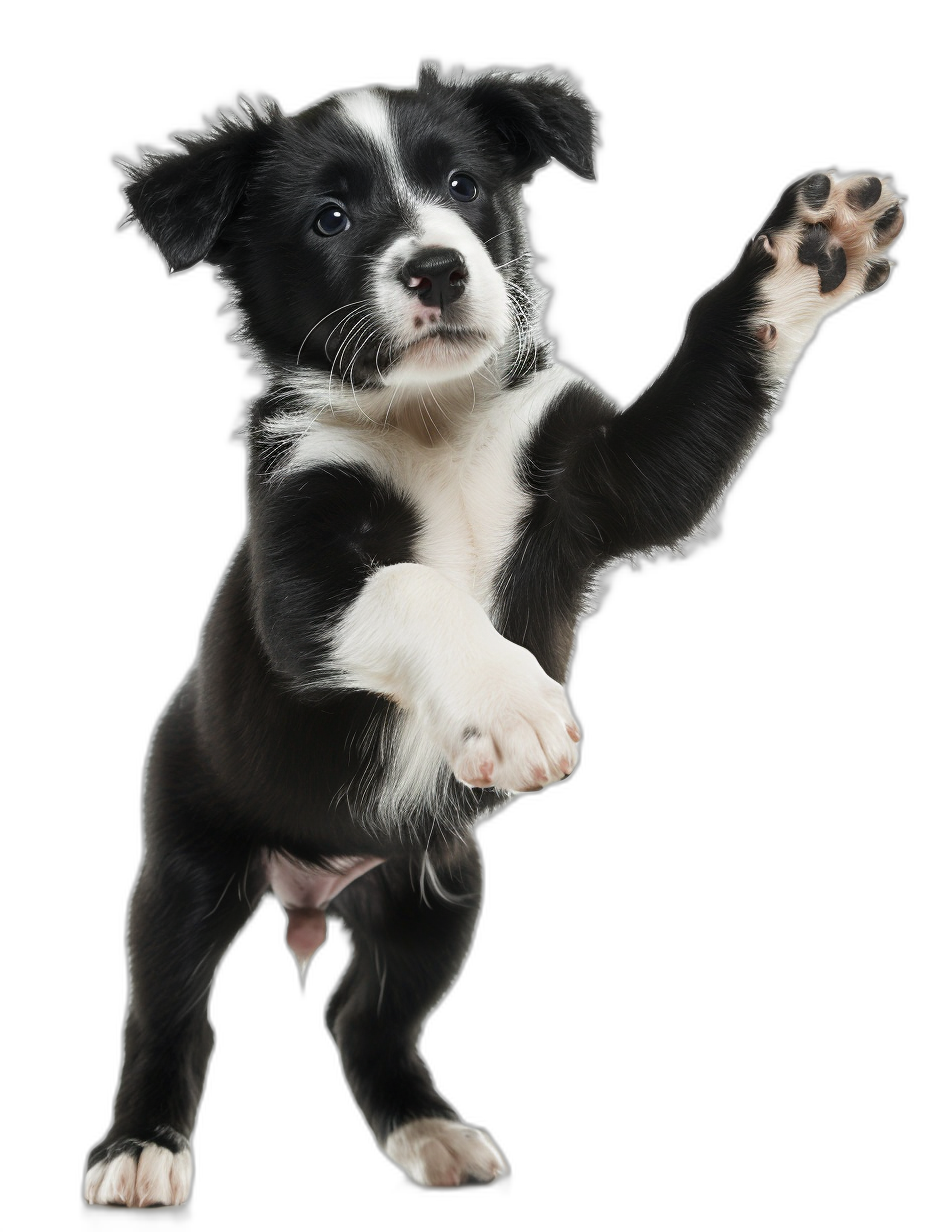 Cute border collie puppy doing a high five, in full body, isolated on a black background, in a high resolution photograph.