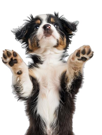 A cute Australian Shepherd puppy standing on its hind legs, arms outstretched to the sides with paws spread wide open, black background, symmetrical composition, shot from below looking up at the dog's face, high resolution photography, studio lighting,