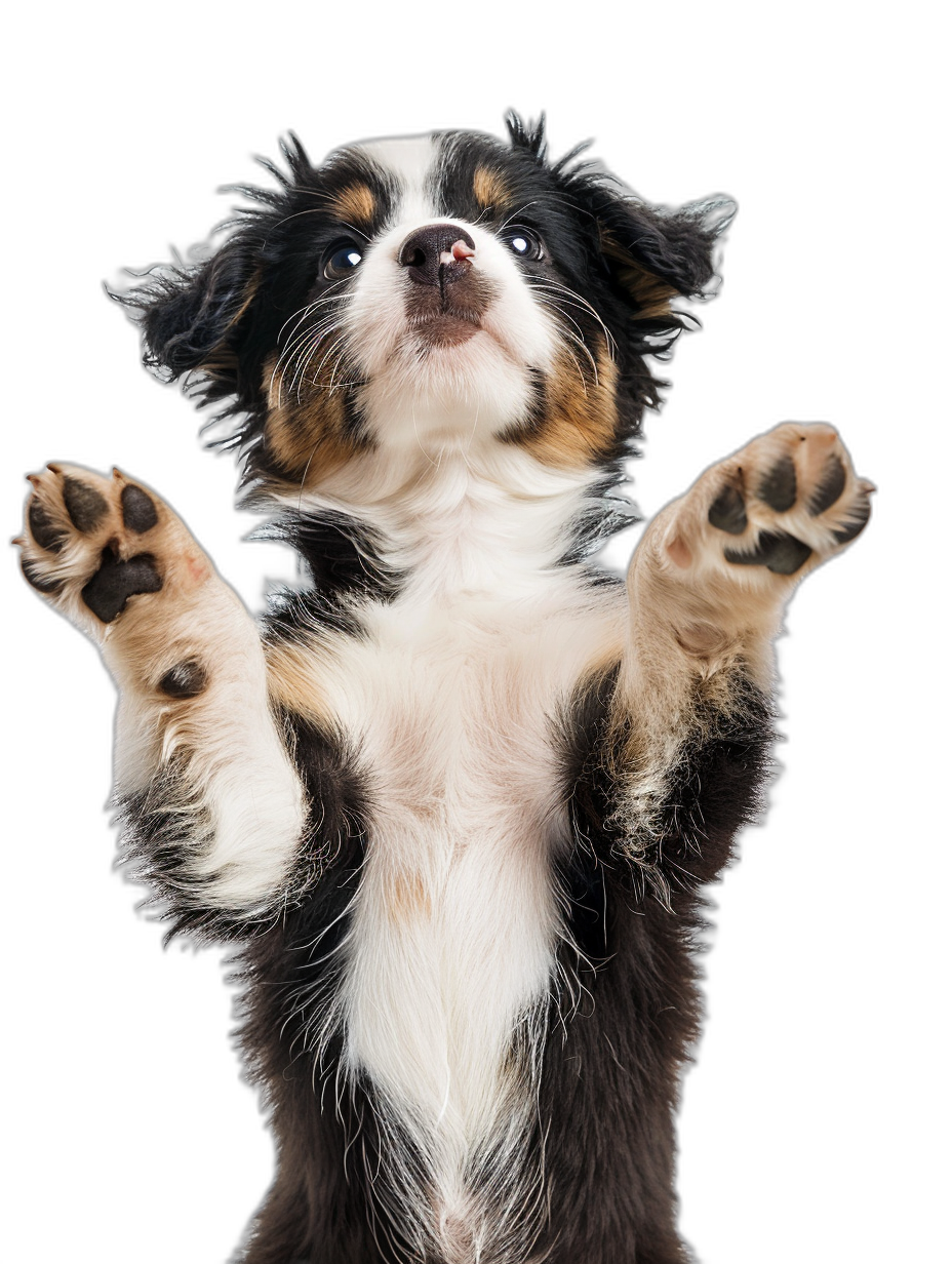 A cute Australian Shepherd puppy standing on its hind legs, arms outstretched to the sides with paws spread wide open, black background, symmetrical composition, shot from below looking up at the dog’s face, high resolution photography, studio lighting,