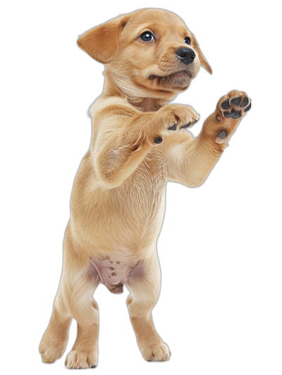 a cute puppy standing on its hind legs and reaching up with one paw, isolated black background, photorealistic, hyperrealism, high resolution photography, maximum detail