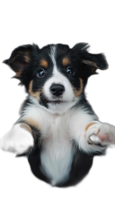 A cute border collie puppy with its front paws outstretched, eyes looking at the camera, on a black background, with high definition photography, in the style of hyperrealistic art.