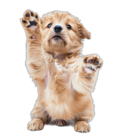 Golden Retriever puppy standing on its hind legs, doing a high five gesture against an isolated black background in a detailed photo.