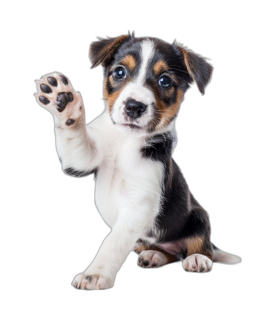 Cute puppy waving its paw isolated on a black background in a studio shot.