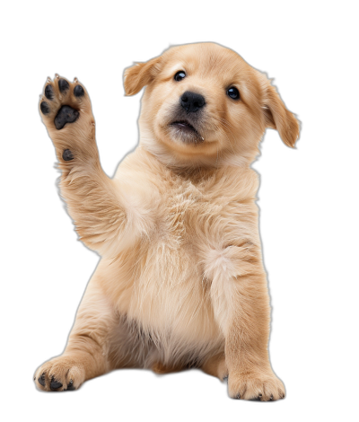 Cute golden retriever puppy waving its paw, isolated on a black background, in a high resolution photo.