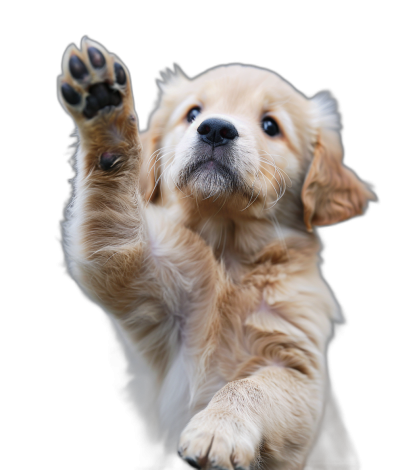 Golden Retriever puppy, reaching up with one paw to high five the viewer, on black background, high resolution photography