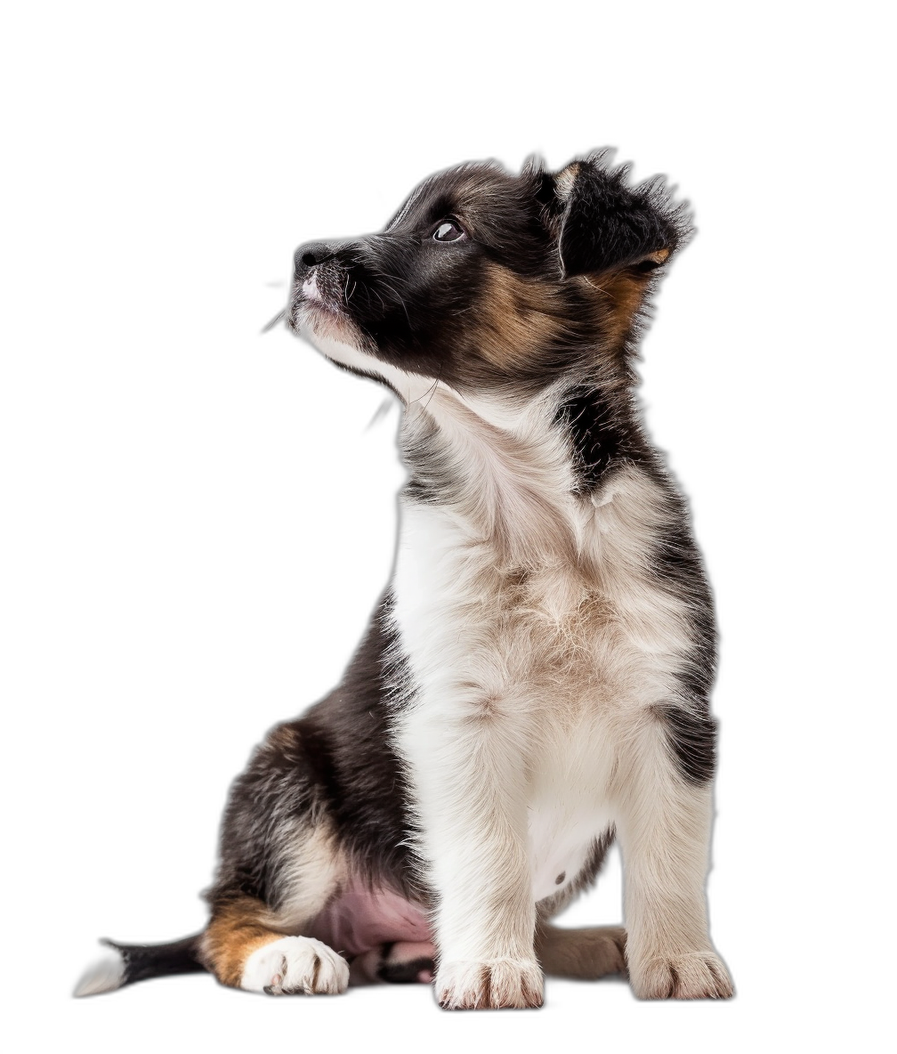 Cute border collie puppy sitting, side view full body, isolated on black background, high quality photo.