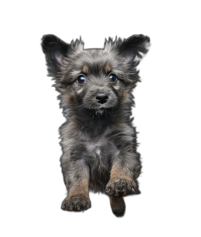 Pumar oj–– Chihuahua collie mix puppy with blue eyes, jumping towards the camera on a black background, portrait photography, front view.