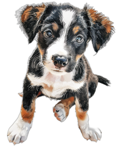 puppy, Bernese Mountain Dog and Australian Shepherd mix breed puppy, cute digital art in the style of black background