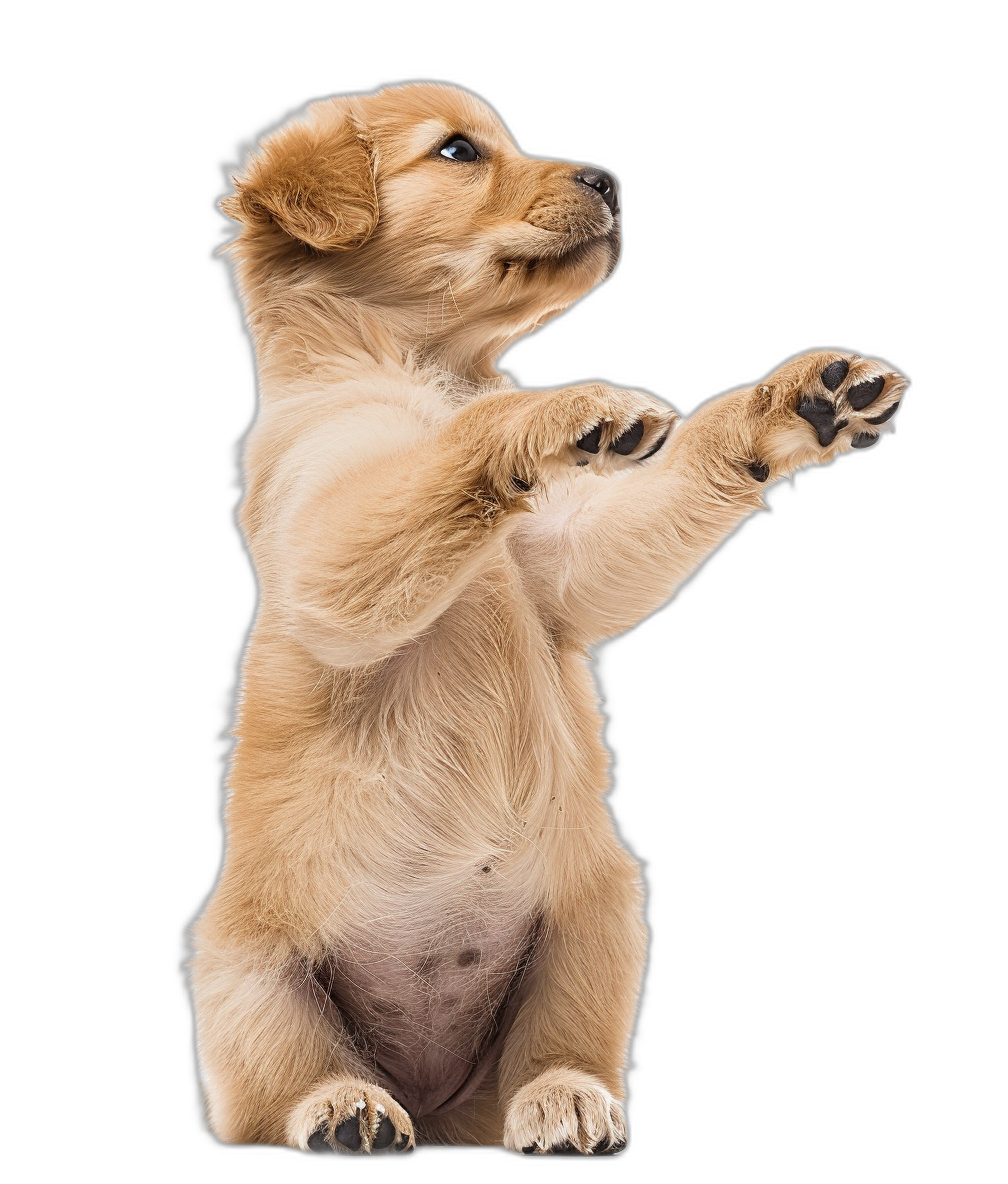 Golden Retriever puppy standing on its hind legs and reaching out with its front paws on an isolated black background, in a photo realistic style.