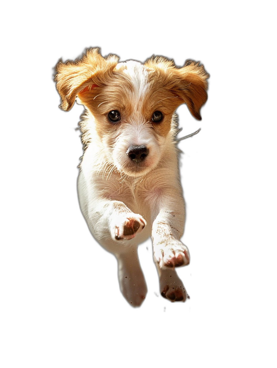 A small white and brown puppy is jumping in the air against a black background with a cute expression in the style of high definition photography.